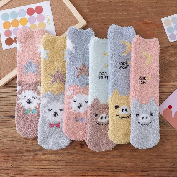 Womens Winter Warm Fuzzy Slipper Socks Cute Animals Socks Set 6 Pairs - CHALIER