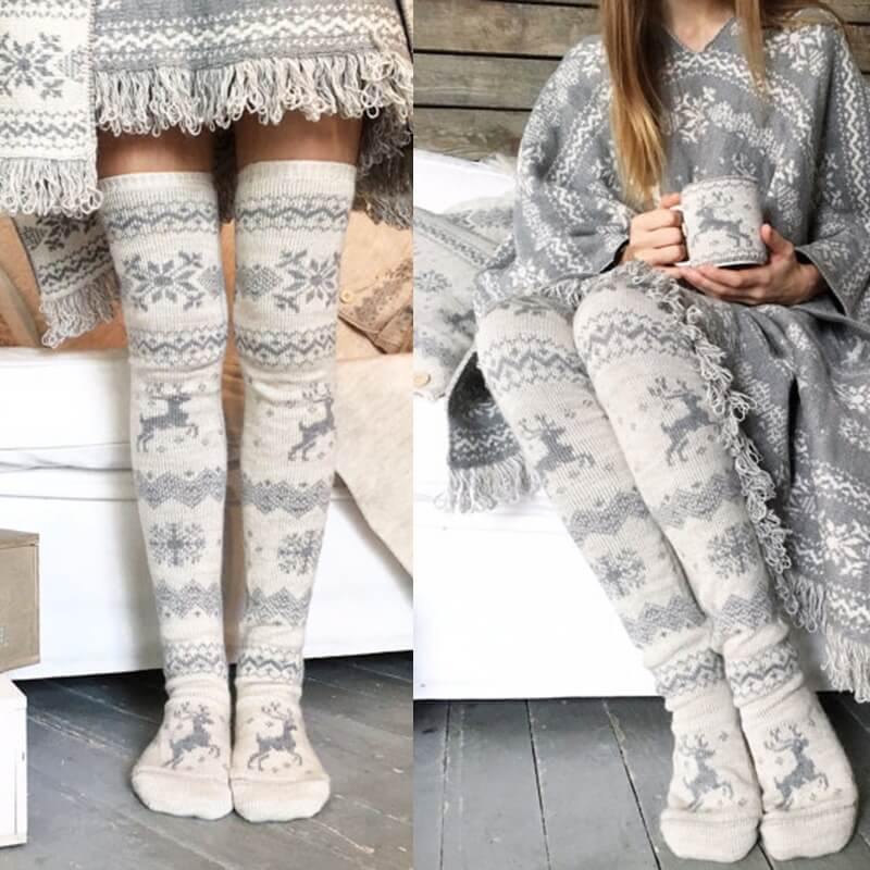Women Winter Thigh High Thick Woolen Socks Snowflake And Elk Pattern Winter Warm Socks - CHALIER