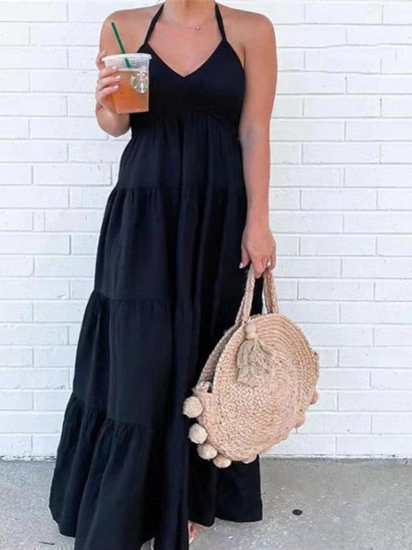 Women's Black Halter Maxi Dress Lace Up Solid Color