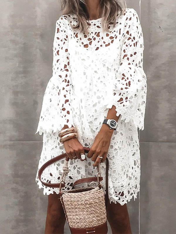 Women's Floral Lace Dress Crew Neck White Mini Dress Two Piece