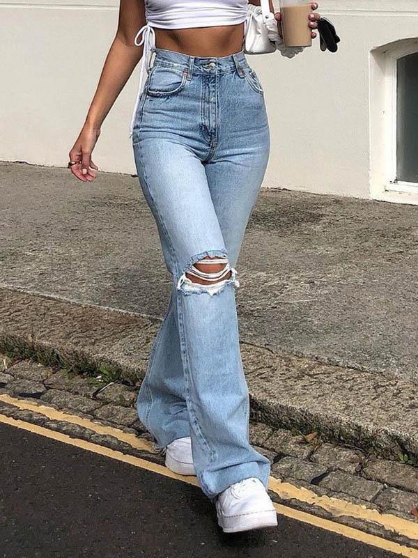 Women's Casual Ripped Bell Bottom Jeans High Waist - CHALIER