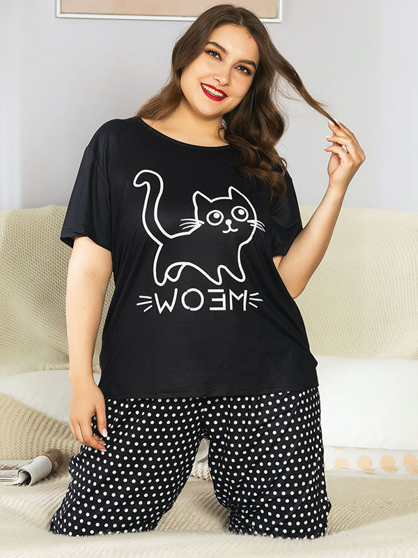 Women's Plus Size Cartoon Loungewear Cute Animals Black Pajamas Short Sleeve