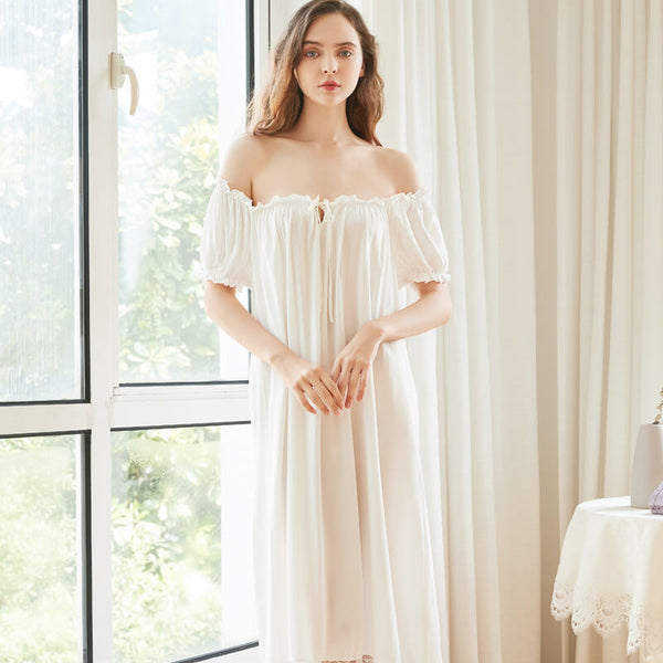 Women's Cotton Sleepwear White Nightgown Dress with Puff Sleeves