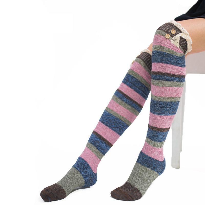 Womens Winter Cozy Knitted Cotton Lace Edge Knee-length Socks Girls Stripes Stockings - CHALIER