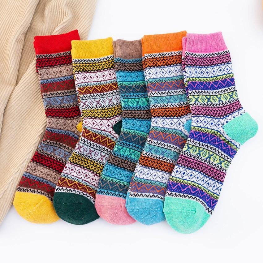 Womens Winter Wool Warm Vintage Stripe Socks 5 Pairs Set - CHALIER