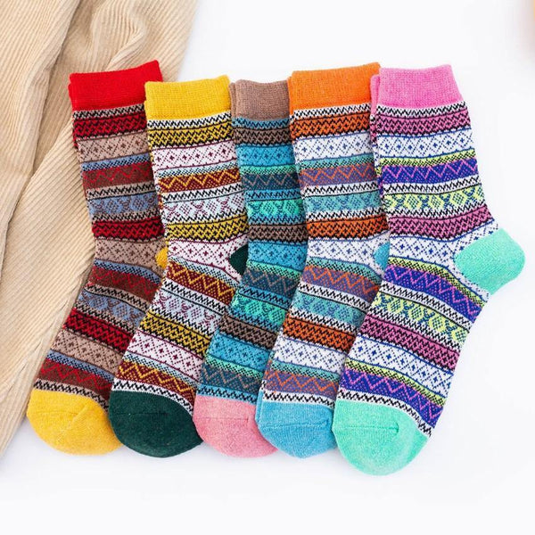 Womens Winter Wool Warm Vintage Stripe Socks 5 Pairs Set - CHALIER