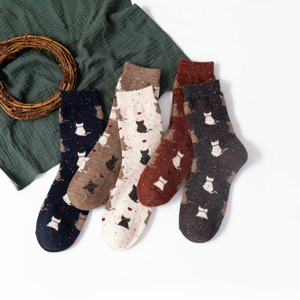 Womens Winter Wool Warm Socks Cartoon Cat pattern Fashion Socks 5 Pairs Set - CHALIER