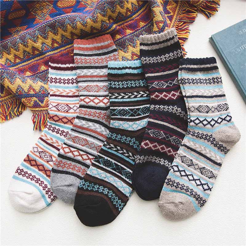 Mens Winter Socks Retro Exotic Knitted Warm Soft Wool Socks 5 Pairs Gift