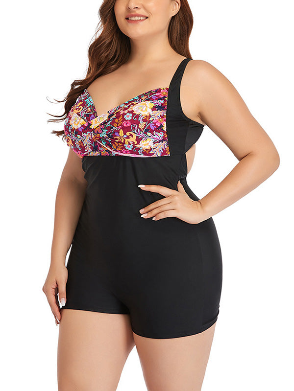 Plus Size Floral Prints Swimsuits Womens One Piece Boxers Lace Up Bikini