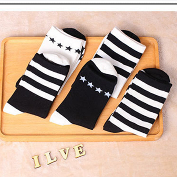 Womens Black and White Short Star Casual Socks 3 Pairs Stripes