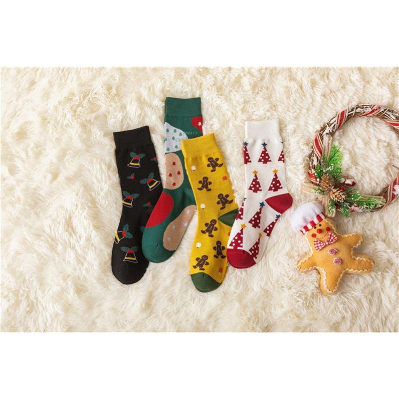 Womens Christmas Pattern Jingle Bell Tree Happy Fashion Cute Crew Socks 4 Pairs - CHALIER