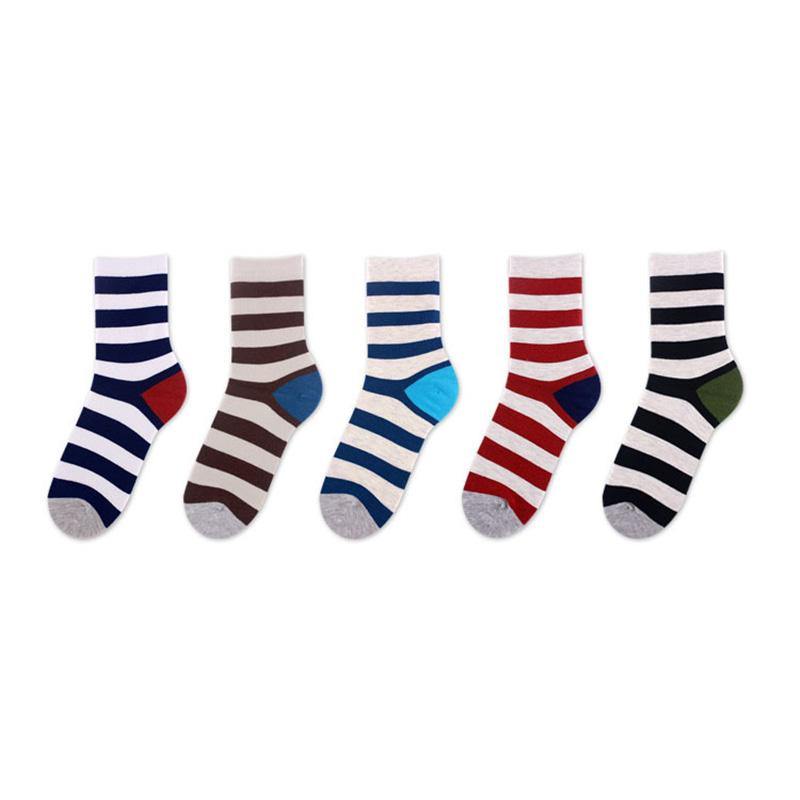 Mens Casual Crew Cotton Socks Stripes Pattern Socks Set 5 Pairs - CHALIER