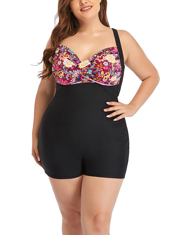 Plus Size Floral Prints Swimsuits Womens One Piece Boxers Lace Up Bikini