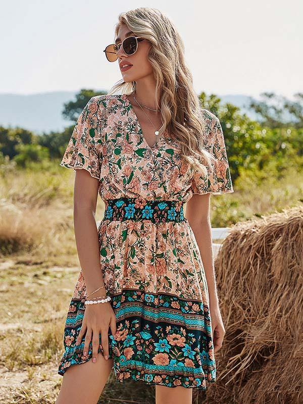Women's Floral Dress High Waist V-neck Short-sleeved Bohemian Mini A-line Dress