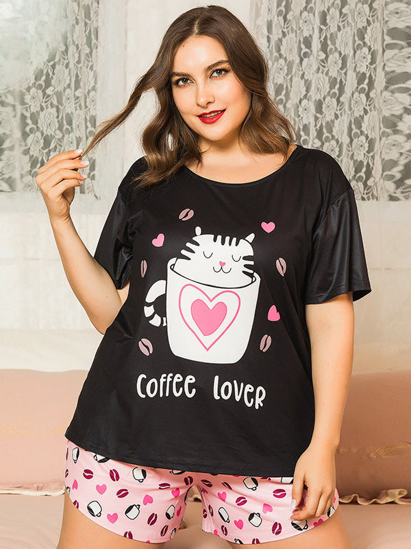 Women's Cartoon Loungewear Plus Size Cute Cat Pajamas Short Sleeve