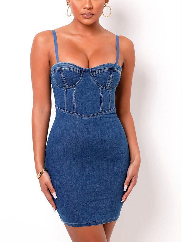 Women's Sexy Casual Denim Bodycon Slip Dress with Chest Pad and Rims Sheath Dress - CHALIER