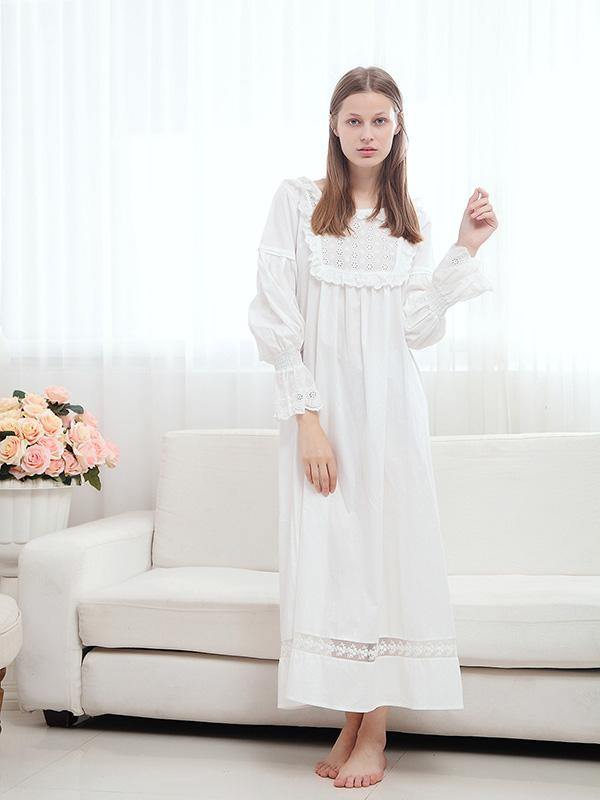 Women's Elegant Vintage Nightdress Cotton Long Sleeve Pyjamas Girls White Dress - CHALIER
