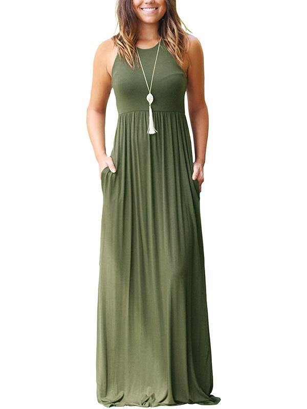 Women's Vest Beach Maxi Dress Sexy Pocket Soft Round-neck Dress - CHALIER