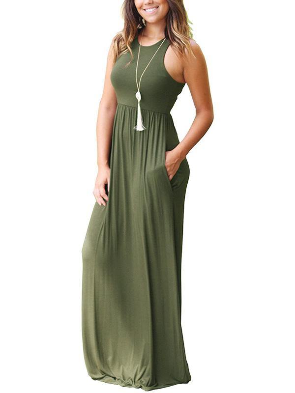 Women's Vest Beach Maxi Dress Sexy Pocket Soft Round-neck Dress - CHALIER