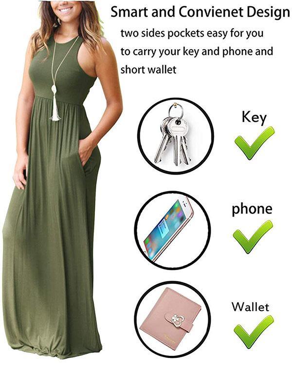 Women's Vest Beach Maxi Dress Sexy Pocket Soft Round-neck Dress - CHALIER