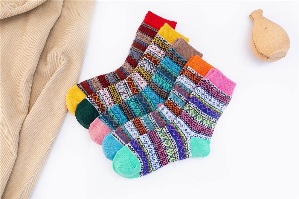 Womens Winter Wool Warm Vintage Stripe Socks 5 Pairs Set - CHALIER