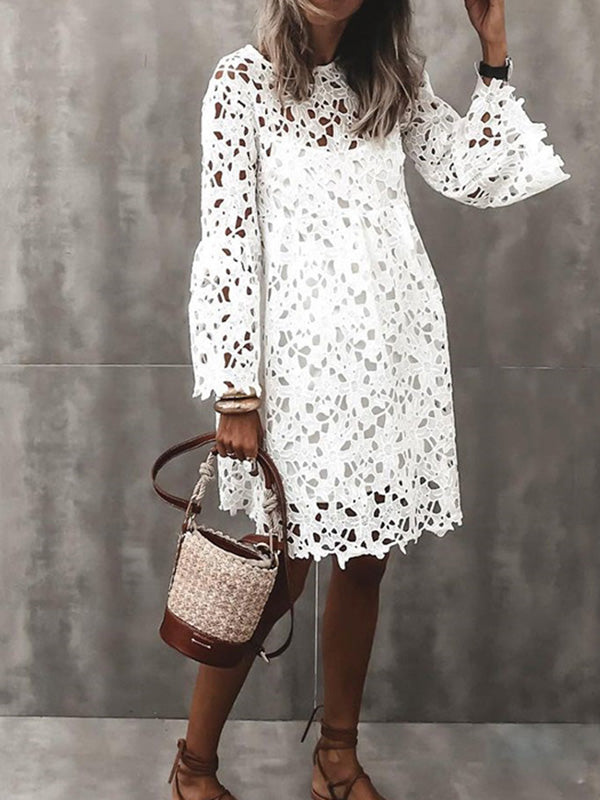 Women's Floral Lace Dress Crew Neck White Mini Dress Two Piece