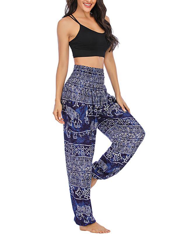 Women's Casual Printed Long Soft Bloomer Pants High Waist Yoga - CHALIER
