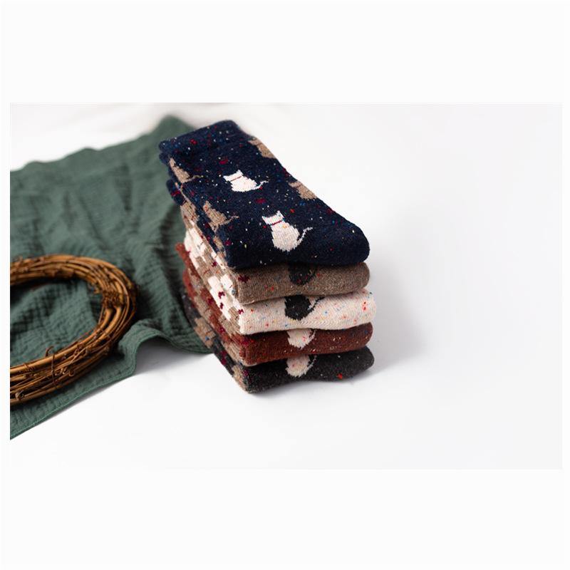 Womens Winter Wool Warm Socks Cartoon Cat pattern Fashion Socks 5 Pairs Set - CHALIER