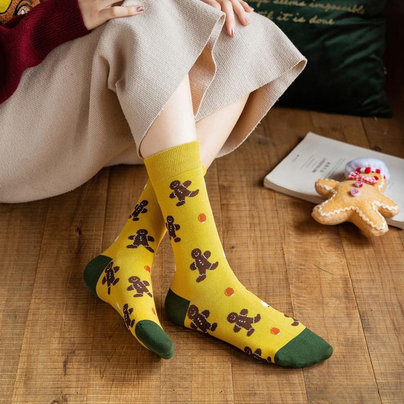 Womens Christmas Pattern Jingle Bell Tree Happy Fashion Cute Crew Socks 4 Pairs - CHALIER