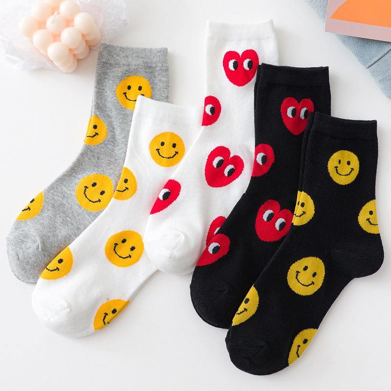 Womens Fun Socks Smiling Face Socks Hearts Cotton Socks Set 5 Pairs - CHALIER