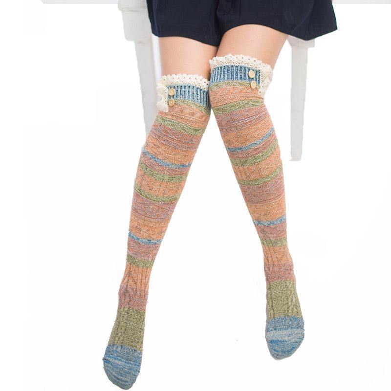 Womens Winter Cozy Knitted Cotton Lace Edge Knee-length Socks Girls Stripes Stockings - CHALIER