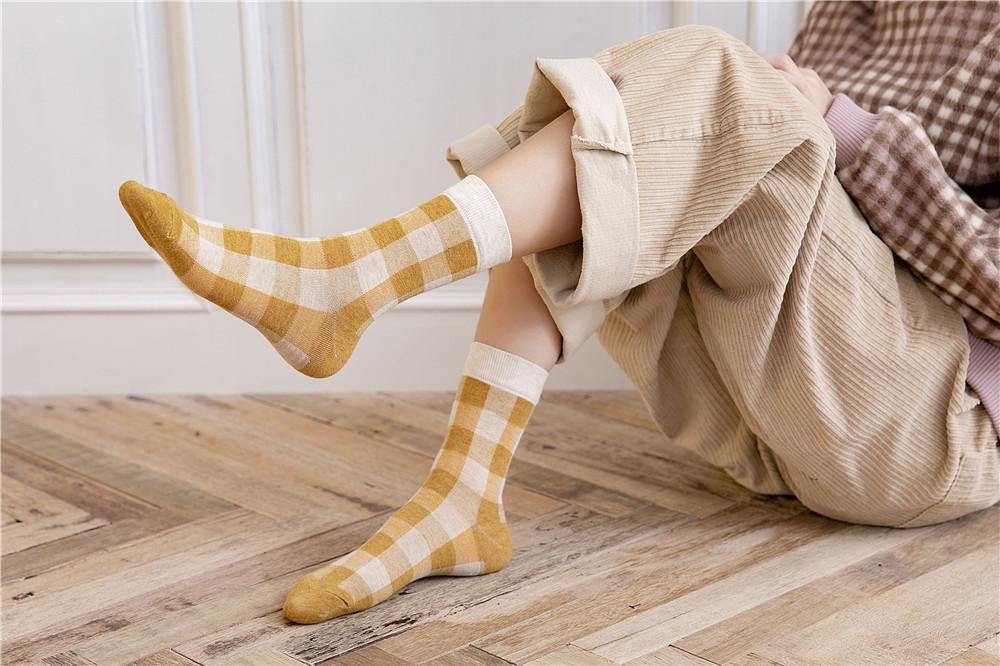 Womens Cotton Plaid Socks Checkered Pattern Soft Socks Set 7 Pairs - CHALIER