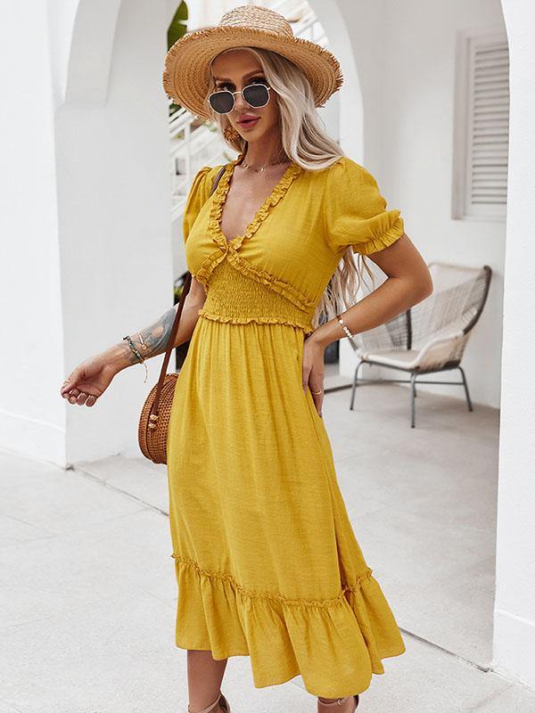 Women's Casual V-Neck Holiday A-line Beach Midi Dress - CHALIER