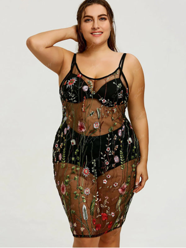 Women's Sexy Lace Plus Size Night Gown Transparent Lingerie Floral Print Sleep Midi Dress