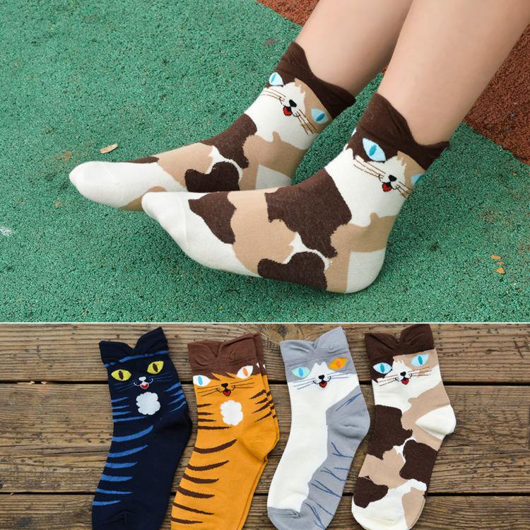 Womens Cute Stretch Breathable Funny Socks Soft Warm Animals Crew Socks Cat Pattern 4 pairs - CHALIER
