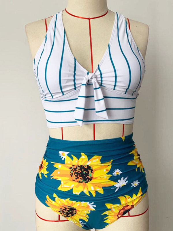 Women's Sunflower Prints Halter Bikini Two-Piece Swimsuits V-Neck