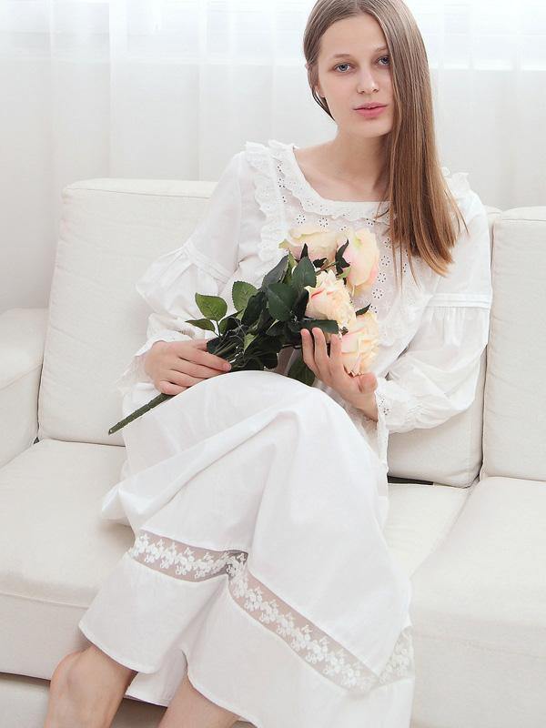 Women's Elegant Vintage Nightdress Cotton Long Sleeve Pyjamas Girls White Dress - CHALIER