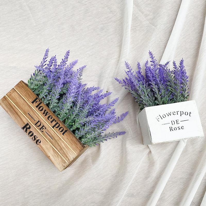 Artificial Flower Potted Lavender Plant Purple Silk Floral Arrangements for Home Office Decor with Wooden Tray - CHALIER