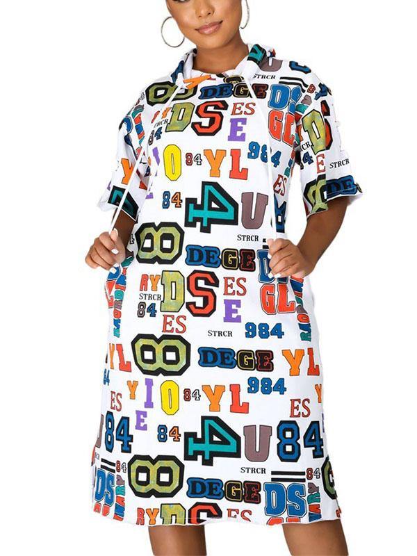 Women's Hooded Sweatshirt Midi Dress Loose Letters Prints Dress - CHALIER