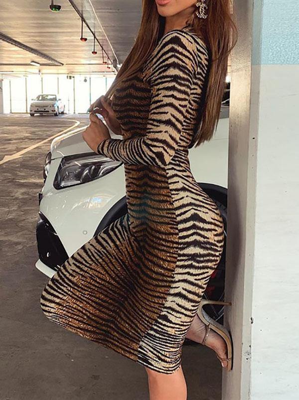 Women's Sexy Leopard Print Sheath Crew Neck Long-sleeve High Waist Midi Dress - CHALIER