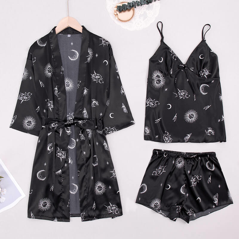 Women's Satin Sleepwear Camisole Shorts Set with Robe Loungewear 3 Pcs