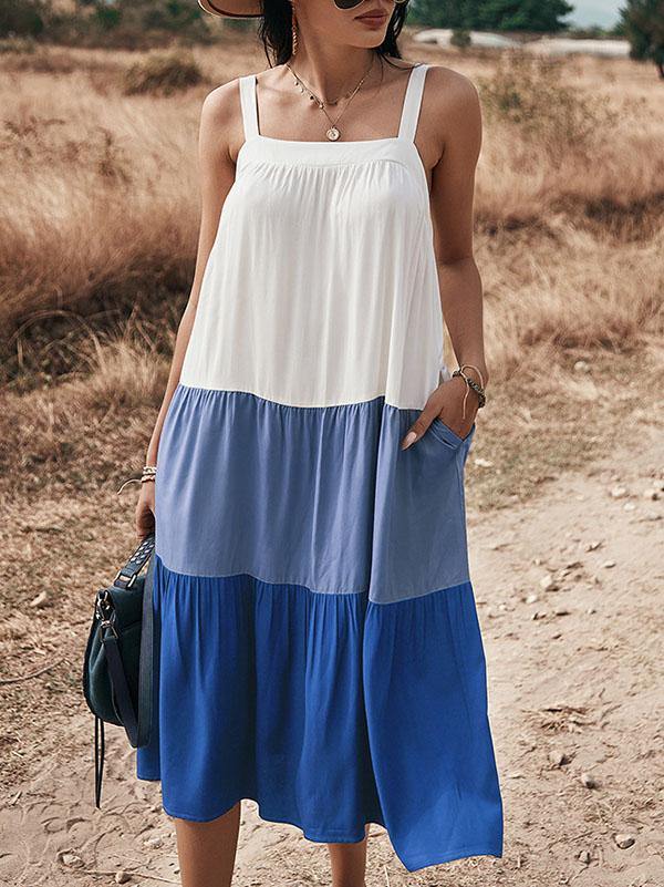 Women's Cotton Loose Halter Midi Sleeveless Dress ColorBlock Holiday with Big Swing - CHALIER