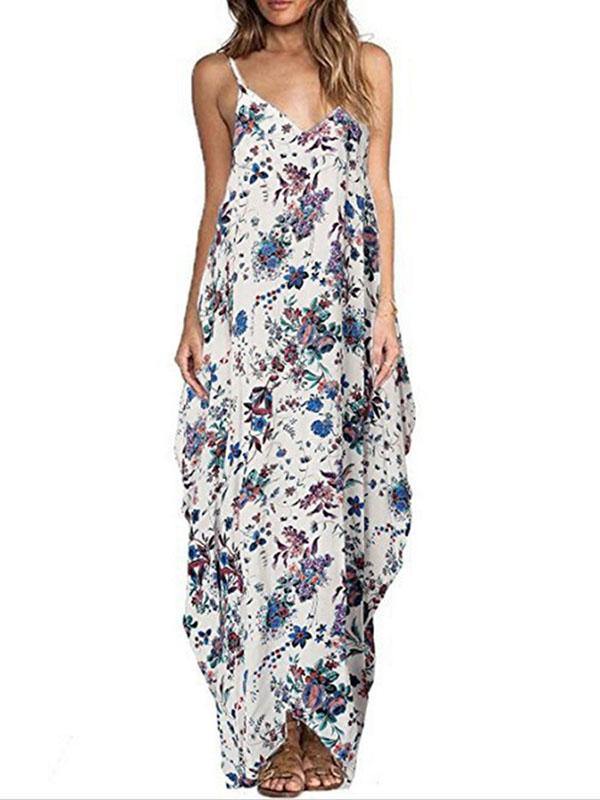 Women's Cotton Floral Printed Loose Sleeveless Maxin Slip Dress Plus Size - CHALIER