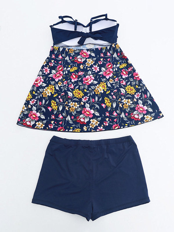 Women's Floral Prints Plus Size Swimsuits Backless Tankini Set