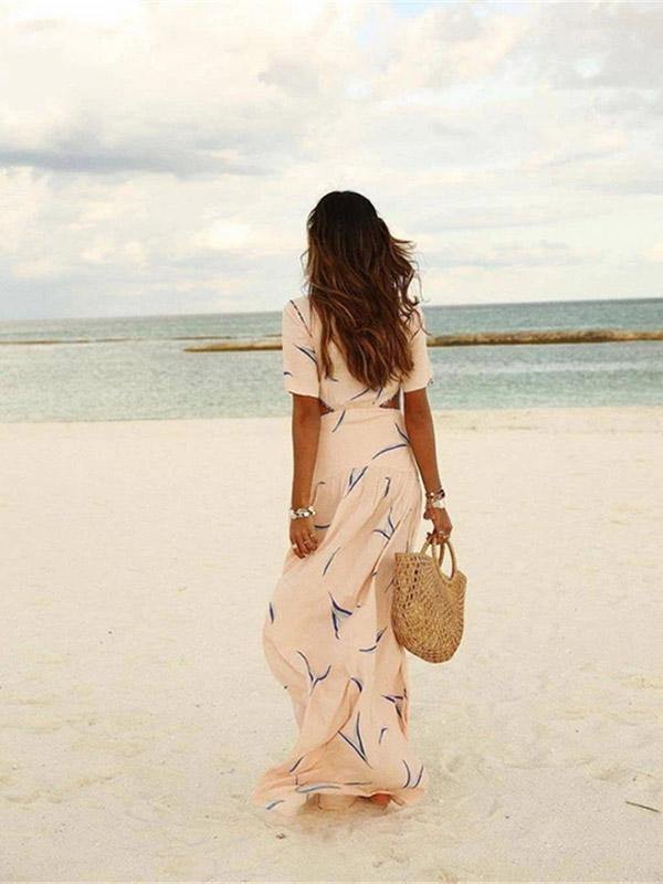 Women's Elegant Bohemian Printed  Apricot V-neck Beach Maxi Dress Summer - CHALIER