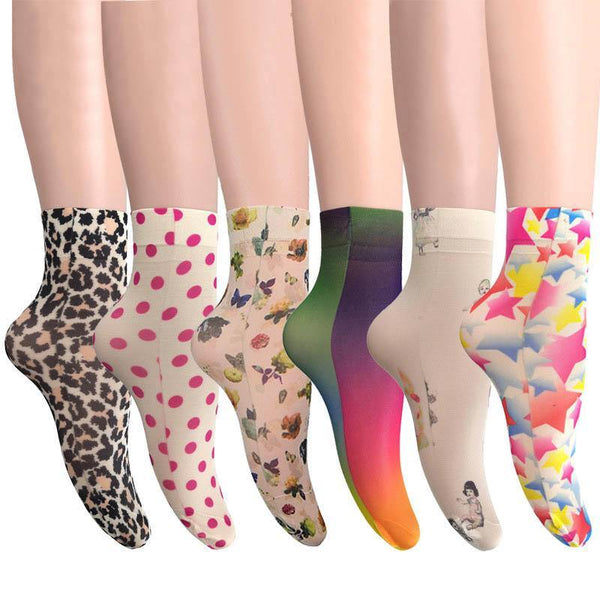 Womens Cute Sweet Short Ultrathin Stockings Girls Printed Patterns Flower Buttefly Ankle Socks Set 6 Pairs - CHALIER