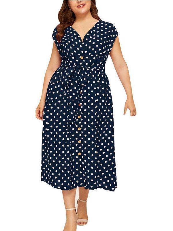 Women's Plus Size V-Neck Polka Dot A-line Dress - CHALIER
