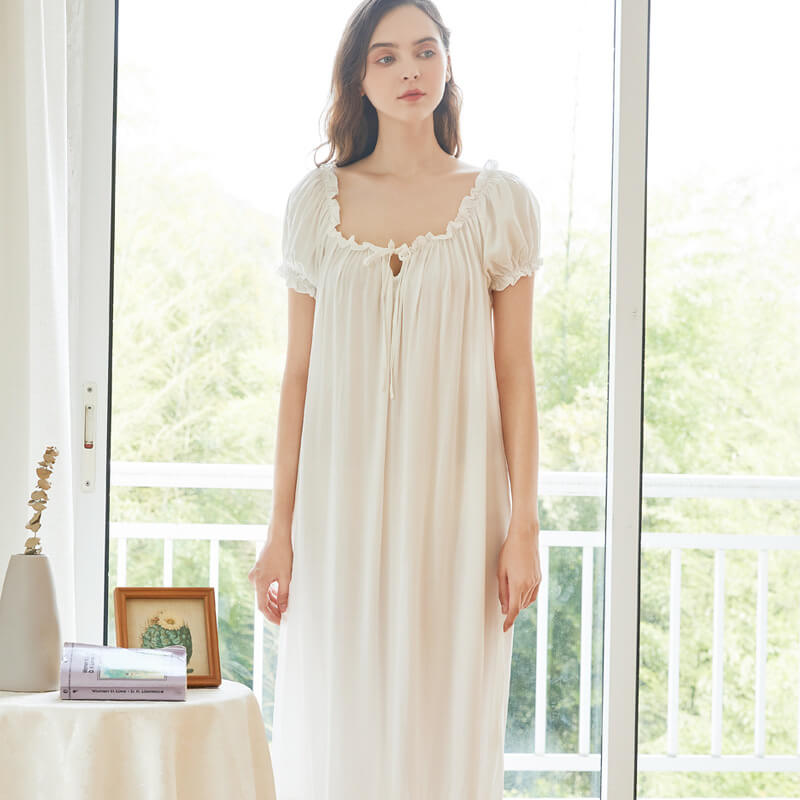 Women's Cotton Sleepwear White Nightgown Dress with Puff Sleeves