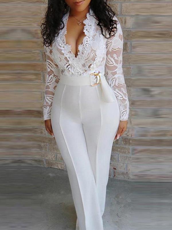 Women Sexy Lace Bodice Plunge Wide Leg Long Pants Long Sleeve Jumpsuit  White - CHALIER
