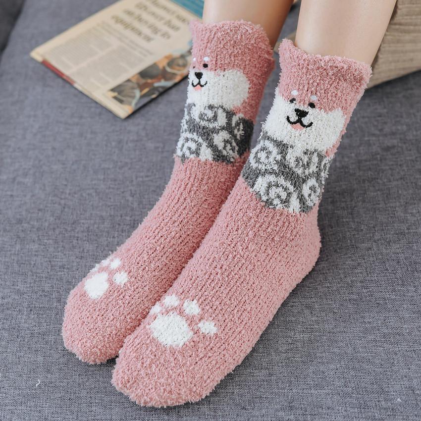 Womens Winter Soft Slipper Cozy Cartoon Socks 5 Pairs Fuzzy Cute Puppy Socks Set - CHALIER